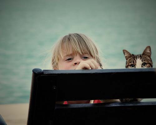 girl and cat peeking
